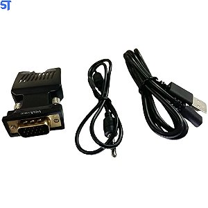 Conversor VGA Macho Para HDMI Fêmea Com Áudio Cabo P2 Macho E Cabo Usb- Preto
