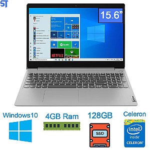 Notebook Lenovo Dual Core 4GB 128GB SSD Tela 15.6" Windows 10 Ideapad 3i 82BU0001BR
