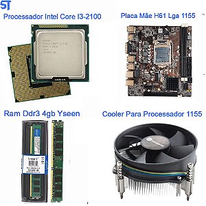 Kit Para Montagem de Computador- Placa Mãe- Processador Core i3 (2100)- Memória 4GB DDR3- Com Cooler