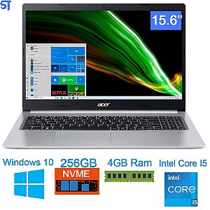 Notebook Acer Aspire 5 Intel Core i5-10210U, 4GB RAM, SSD 256GB NVMe, 15.6 Full HD, UHD Graphics, Windows 10 Home, Prata