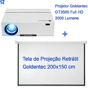 Projetor Goldentec GT3500 Full HD 3500 Lumens | Com Tela de Projeção Retrátil Goldentec 200x150 cm