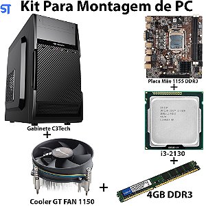 Kit Para Montagem de Computador- Placa Mãe- Processador Core i3- 2130+ Memória Ram 4GB- Gabinete ATX Com Fonte e Cooler