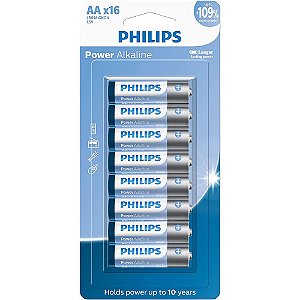 Pilha Alcalina Philips AA LR6P16B/59 Mignon 1,5V Longa Duração Pacote Com 16 Unidades
