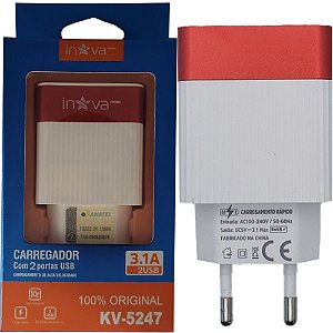 Fonte Carregador Rápido Com 2 Portas USB A 3.1A Inova Branco Com Vermelho - KV-5247
