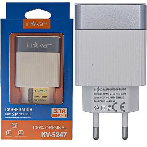 Fonte Carregador Rápido Com 2 Portas USB A 3.1A Inova Branco Com Cinza - KV-5247