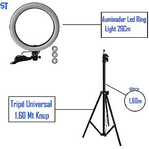 Kit Tripé Universal Knup 1,60m Ajuste de Altura Hastes em Alumínio KP-PL2616SC + Ring Light 10.2" 3200k á 5500k 26Cm 5V