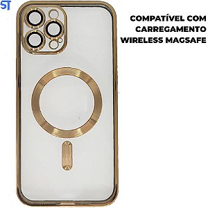Capa Transparente Com Carregamento Magnetico Para iPhone 12 Pro Max - Dourado Com Proteção de Lentes