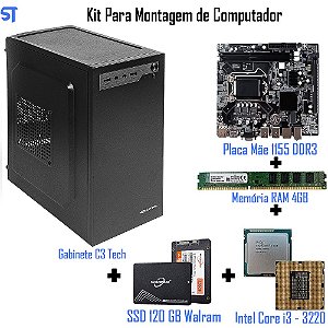 Kit Para Montagem de Computador Placa Mãe-Processador  i3-3220-SSD 120GB - Memória 4GB - Gabinete Fonte - Brind MousePAD