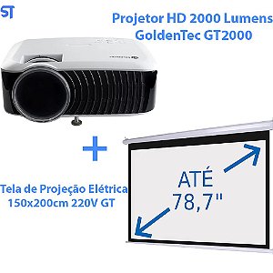 Projetor HD 2000 Lumens Goldentec GT2000 | Com Tela de Projeção Elétrica 150x200cm 220V GT