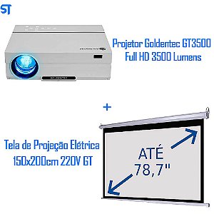 Projetor Goldentec GT3500 Full HD 3500 Lumens com 2 HDMI, 2 USB, AV e VGA + Tela de Projeção Elétrica 150x200cm 220V GT