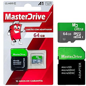 Cartão Micro SD 64GB Classe 10 A1 Com Adaptador - MasterDrive