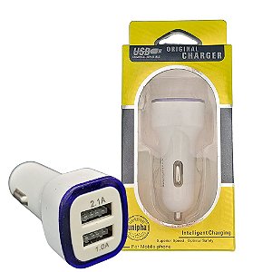 Carregador Veicular Fast Charging Com Duas Portas USB 2.1A/ 1.0A - Branco / Azul Escuro