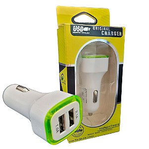 Carregador Veicular Fast Charging Com Duas Portas USB 2.1A/ 1.0A - Branco / Verde Claro