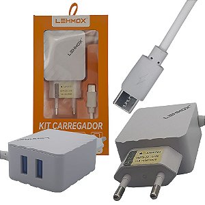 Carregador Rápido Tipo C USB 4.1A com Duas Portas USB de Alta Potência Lehmox Branco - LE-492