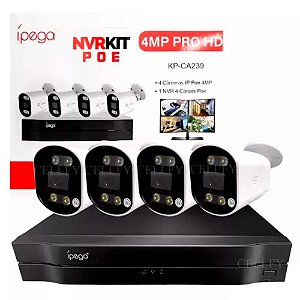 Kit Para Intalação de Sitema de Cameras Gravador NVR Com 4 Cameras Ip Externas 4mp Poe Kp-CA239 Ipega
