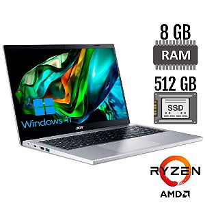 Notebook Acer Aspire 3 Ryzen 3-7320U, 8GB RAM, AMD Radeon, SSD 512GB, 15.6" LED TN 60Hz Windows 11, Cinza  A315-24P-R06B
