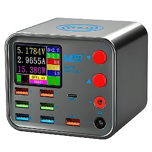 Estação de Carregamento 7 Entradas USB e 1 Entrada USB-C - Suporte a Carga Sem Fio e Medidor De Corrente Tensão - MaAnt
