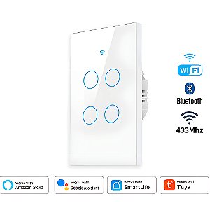 Interruptor De Parede Inteligente Com 4 Botões Touch, Compatível Com Alexa e Google Assistant, Tuya - Branco
