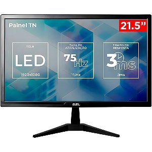 Monitor LED 21,5 Polegadas, SZL TN, FHD, 3ms, 75Hz, HDMI/VGA, SZL-SZL215-BL01