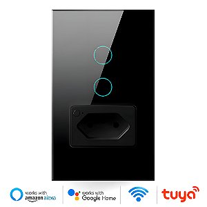 Interruptor Inteligente, Com Tomada, 2 Botões Touch, Wi-Fi, Compatível Com Alexa e Google Home, Avatto, Preto