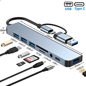 HUB USB 8 em 1, Com Leitor de Cartão, Porta USB-C, USB 3.0 / 2.0, Leitor de Cartão SD/TF, Cinza