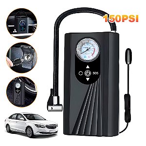 Mini Compressor de Ar, Automotivo, Portátil, Para Moto, Bicicleta, Carro, 150PSI, 4.7V, Preto