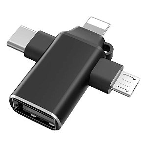 Adaptador OTG 3 em 1, USB 3.0 Para Tipo-C, Lightning e V8, KP-H006, Knup, Preto