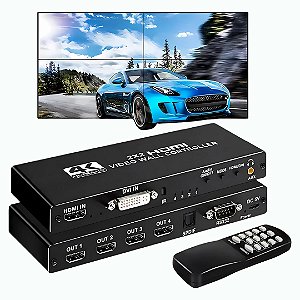 Controlador Vídeo Wall 2x2, Até 4K Full HD, HDMI, Divide 1 Imagem em 4 Telas, Fácil Instalação - Preto