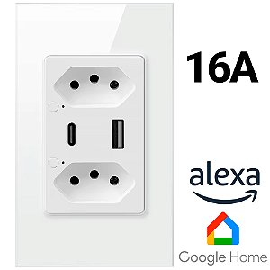 Tomada Dupla Inteligente, Zigbee, 3 Pinos, Uma Entrada USB e Uma USB-C, 16A, Compatível Com Alexa e Google Home, Branco