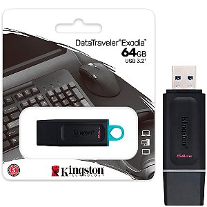 Pen Drive Kingston DataTraveler Exodia 64GB USB 3.2 Gen1, Preto/Teal, Tampa Protetora - DTX/64GB