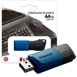 Pen Drive Kingston DataTraveler Exodia M 64GB USB 3.2 Gen1, Preto/Azul, Tampa Móvel - DTXM/64GB