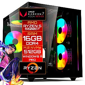 Computador Gamer Ryzen 5 5600GT, Vega 7, RAM 16GB DDR4, SSD M.2 NVMe 512GB, Windows 11 Pro, Gabinete Aquarius