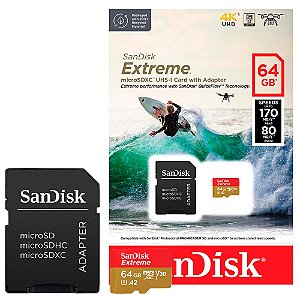 Cartão Micro SD SanDisk Extreme 64GB U3 V30 A2 com Adaptador SD 170MB/s - SDSQXAH-064G-GN6MA