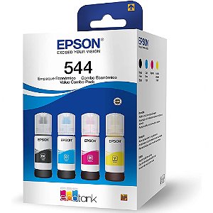 Kit Refil de Tinta 4 Cores Epson 544 - Preto, Amarelo, Ciano e Magenta, Para L1110/L1210/L3110/L3150 (Caixa Com 4 Cores)