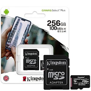 Cartão de Memória MicroSD Kingston Canvas Select Plus 256GB, Classe 10, UHS-I, Leitura 100MB/s, com Adaptador SD