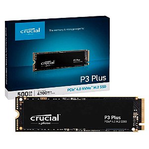 SSD Crucial P3 Plus 500GB NVMe, PCIe 4.0 x4, M.2 2280, Leitura 4700MB/s, Gravação 1900MB/s, 3D NAND TLC