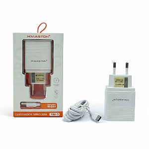 Carregador Turbo H'Maston Y46-3, com 2 Portas USB, Saída 6.1A, 5V, Bivolt 100-240V, com Cabo Tipo-C, Branco