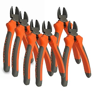 Kit 6 Alicates de Corte Diagonal, Polido, 8 Polegadas, Cabo Emborrachado, Laranja