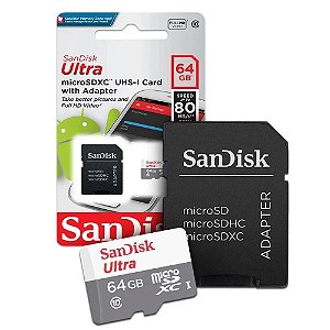 Cartão SanDisk Ultra MicroSDXC 64GB UHS-I Classe 10 A1 100MB/s Full HD c/ Adaptador SD p/ Android SDSQUNR-064G-GN3MA