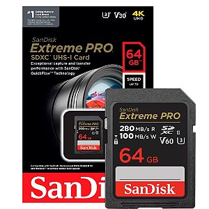 Cartão Memória SanDisk Extreme PRO 64GB SDXC UHS-I SDSDXXU-064G-GN4IN, Classe 10, U3, V30, 4K UHD, Cinza/Preto