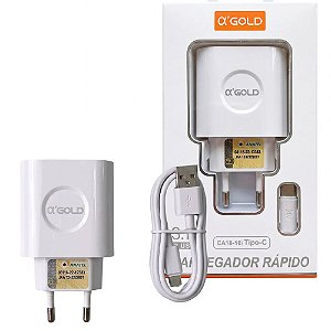 Carregador Rápido 5V Bivolt 2 Entradas USB com Cabo USB-C Universal A'Gold CA18-10, Branco