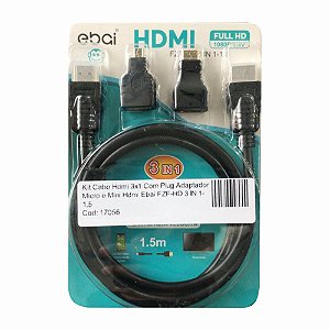 Kit Cabo Hdmi 3x1 Com Plug Adaptador Micro e Mini Hdmi Ebai FZF-HD 3 IN 1-1.5