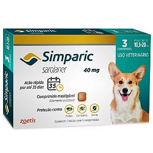 Simparic Antipulgas, Carrapatos e Sarnas para cães de 10,1 a 20 kg