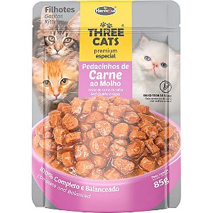 Ração Úmida Three Cats Sachê Gatos Flhotes Sabor Carne ao Molho 85g - Hercosul