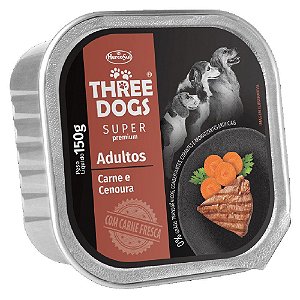 Ração Úmida Three Dogs Super Premium Patê Cães Adultos Sabor Carne e Cenoura 150g - Hercosul