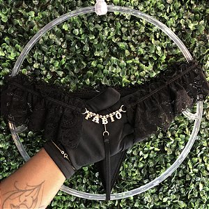 CALCINHA FIO DENTAL PRETA COM SAINHA FRASE PRONTA TANGA SEXY NOME PRÓPRIO- PRETA