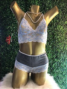 BABY DOOL PIJAMA AMOR SEM FIM COM RENDA BRANCO COM DETALHES AZUL CEU