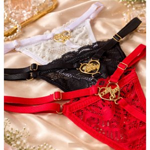 CALCINHA FIO DENTAL RENDA COM PLACA CORAÇÃO E FRASE