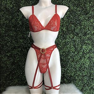 CONJUNTO AURORA 3 PEÇAS RENDA COM TASSEL E FIVELA DOURADA
