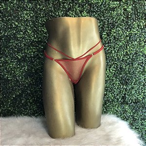 CALCINHA FIO DENTAL LUXO VERMELHA TULE GLITTER COM PINGENTE FLORAL